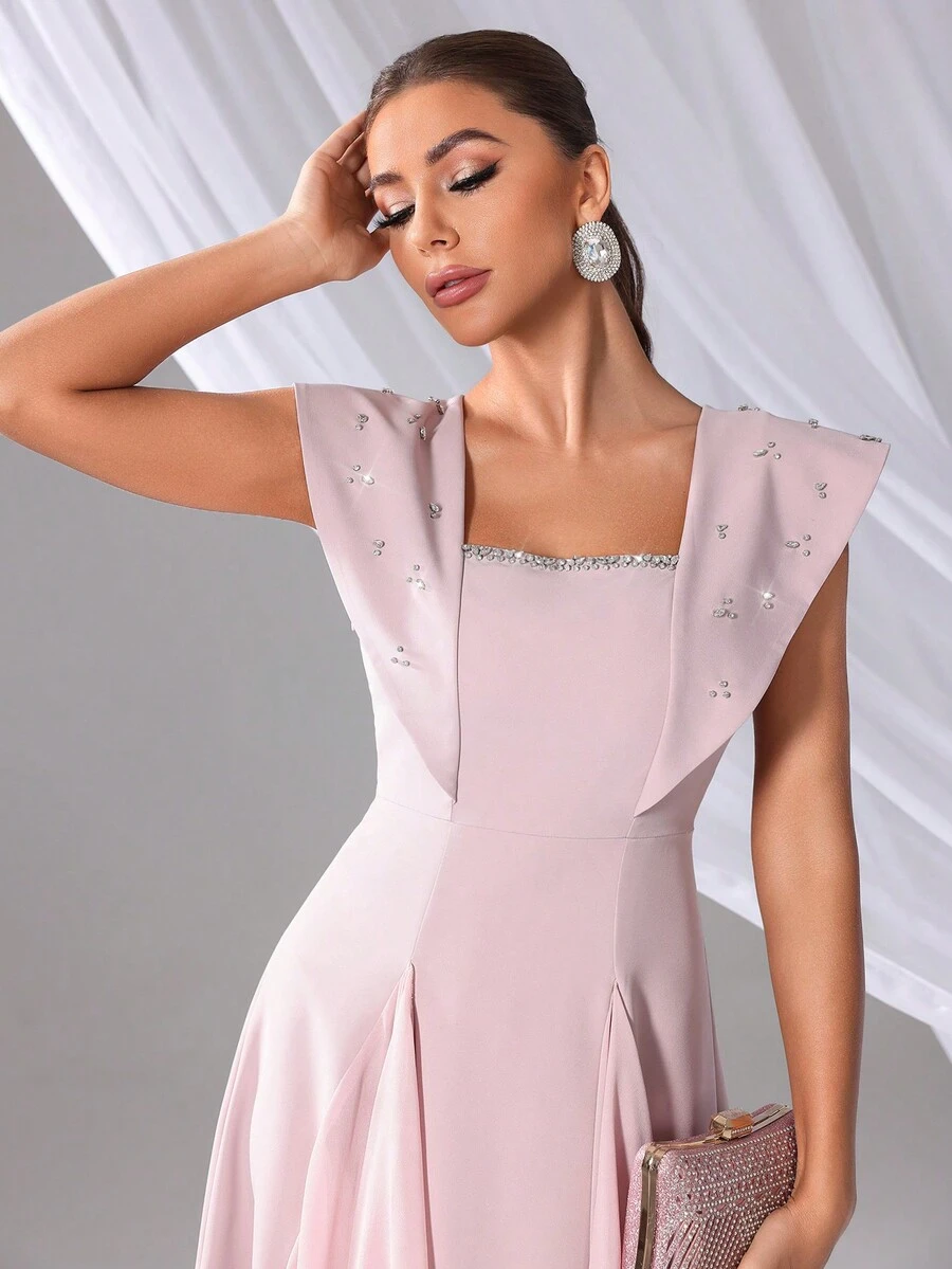 Ladies Elegant Summer Rhinestone Decor Cap Sleeve Dress - Pink - View 1