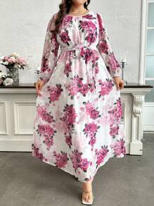 Modelyn 加大码长袖随机花卉印花连衣裙，优雅礼服，适合婚礼宾客/场合/仪式/晚会，长款晚礼服，女士秋季服装 - 粉色 - 查看 4