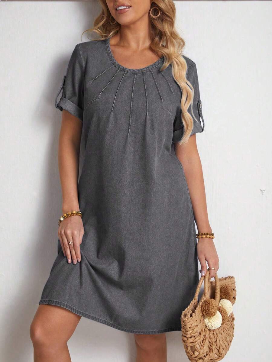 SHEIN LUNE Vestido vaquero informal para mujeres con mangas enrollables - Gris - Ver 1