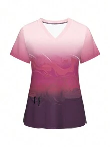 Elegantes Batas de trabajo de manga corta con cuello en V y bolsillos degradados de verano - Multicolor - Ver 1