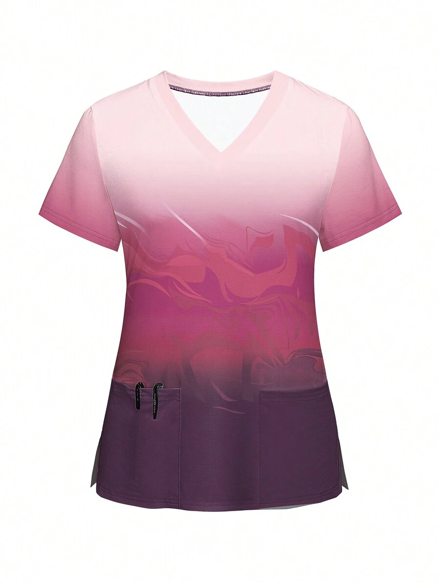 Elegantes Batas de trabajo de manga corta con cuello en V y bolsillos degradados de verano - Multicolor - Ver 1