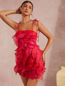 L'Amorae Robe courte à bretelles nouées et à volants - Rouge - Voir 6