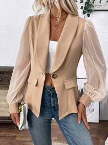 SHEIN LUNE Women's Khaki Mesh Splice Suit Jacket