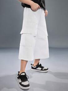 SHEIN 十多歲男孩時尚休閒貨物口袋寬腿白色牛仔短褲 - 白色 - 查看 5