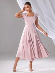 Ladies Elegant Summer Rhinestone Decor Cap Sleeve Dress - Pink - View 5