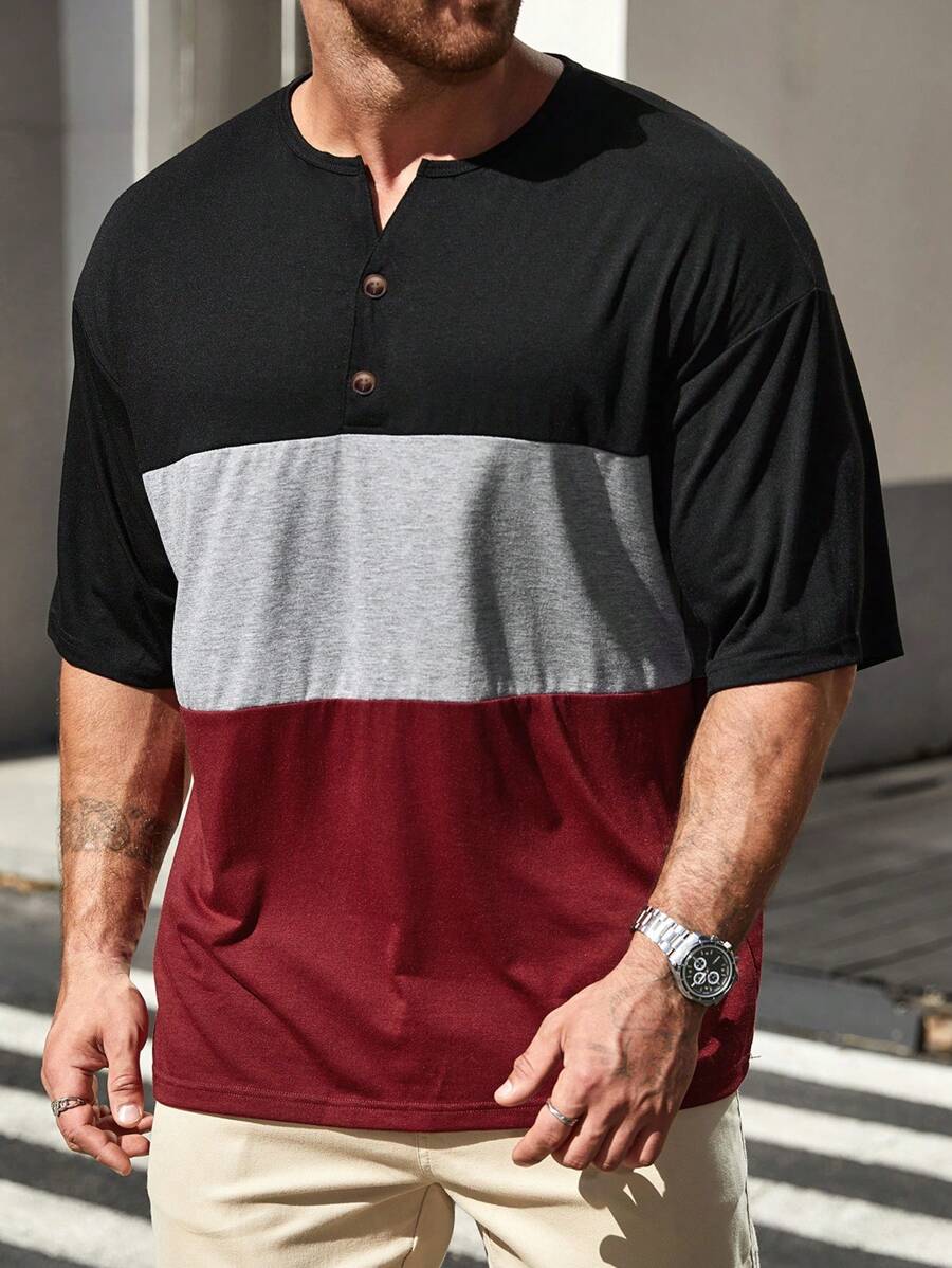 SHEIN Manfinity Homme Men Plus Size Casual Button Half-Placket Colorblock Short Sleeve T-Shirt, For Going Out - Multicolor - View 1