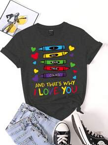 SHEIN LUNE 大码卡通蜡笔印花文字与图像组合圆领短袖 T 恤，适合返校季我看见你的本色，这就是我爱你的原因 - 深灰色 - 查看 3