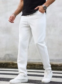 Manfinity Homme 男士修身长裤，纯色长款度假白色休闲裤锥形裤，适合送给丈夫、男朋友的礼物，秋季 - 白色 - 查看 5