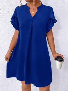 SHEIN Clasi Cộng với váy tay áo có đường viền cổ chữ V - Xanh đậm - Xem 5