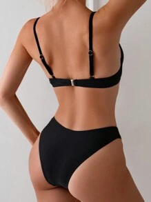 Solid Underwire Bikini For Summer Beach Vacation - Black - View 2