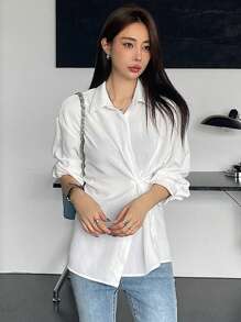 DAZY Solid Color Loose Long Sleeve Lapel Slanted Placket Women's Shirt - White - View 3