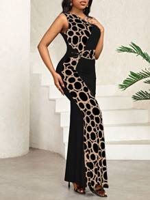 SHEIN Lady Geo Print Asymmetrical Neck Mermaid Hem Dress - Camel - View 5