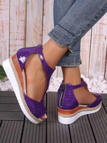 Giày sandal đế dày phong cách La Mã cổ điển cỡ lớn màu trơn có khóa kéo phía sau cho nữ, kiểu dáng mới - Màu tím - Xem 6