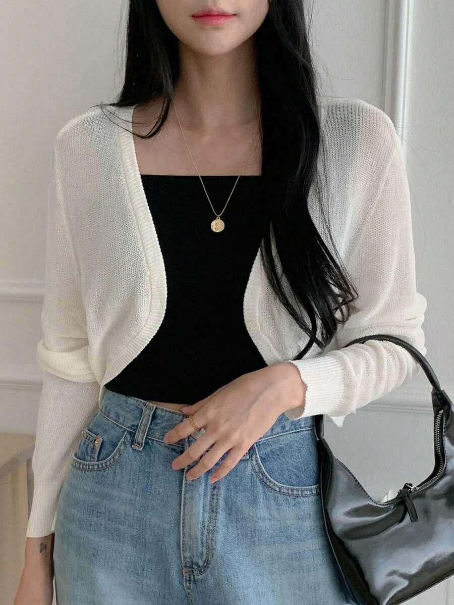 DAZY Solid Open Front Crop Cardigan - Beige - View 1