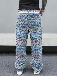 Manfinity EMRG 男士全印花直筒牛仔裤 宽腿牛仔裤 长款宽松洗水工装牛仔裤，适合送给老公、男朋友的礼物 - 彩色 - 查看 2