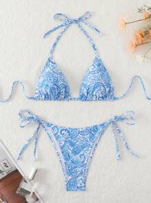 女性夏季沙灘植物印花露背領帶性感比基尼套裝，隨機印花圖案 - 彩色 - 查看 1
