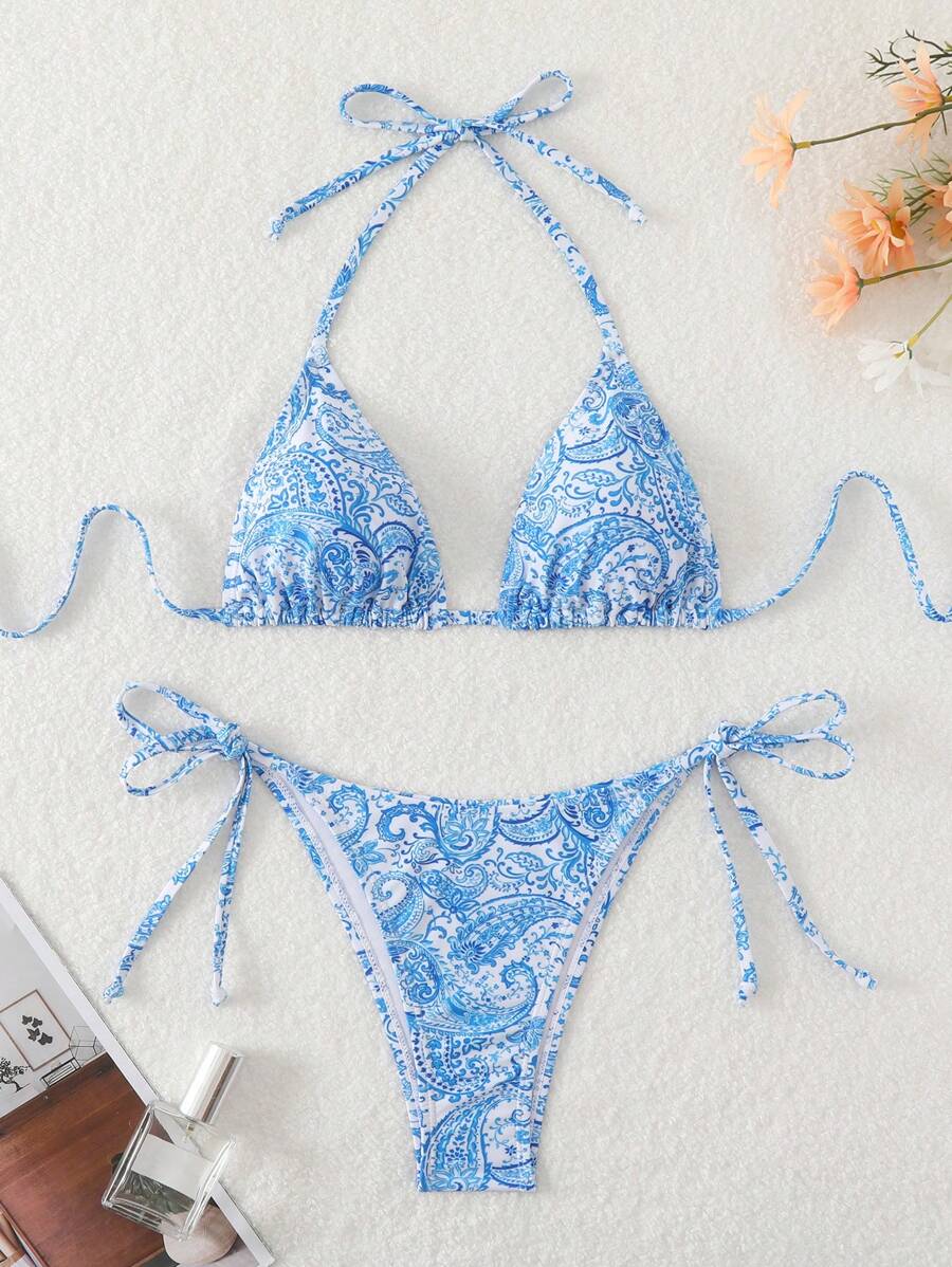 女性夏季沙灘植物印花露背領帶性感比基尼套裝，隨機印花圖案 - 彩色 - 查看 1