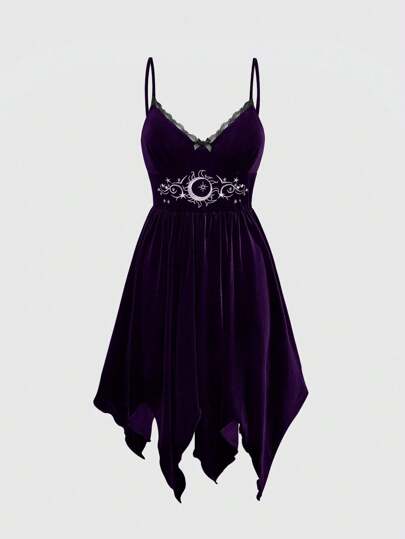 Hippie Dark Gothic Star And Moon Embroidery Velvet Asymmetrical Hem Cami Dress