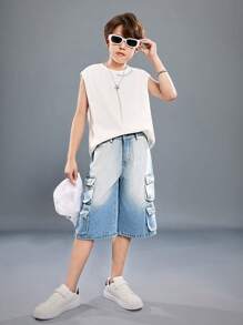 SHEIN Tween Boys' Summer Casual Cargo Pocket Washed Gradual Loose Wide Legs Bermuda Blue Denim Shorts - Light Wash - View 3