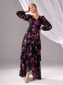 Women's V-Neck Floral Print Ruffle Hem Long Sleeve Dress (Random Print)