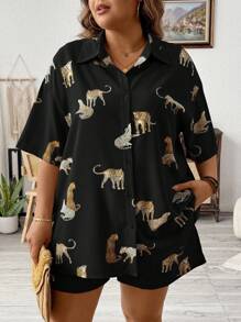 SHEIN LUNE Plus Leopard Print Drop Shoulder Blouse & Shorts, For Summer - Black - View 5