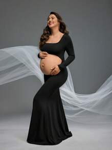 Cheriluna Maternity Pregnant Women Solid Color Hollow Fishtail Photo Dress For Maternity Photoshoot, Halloween