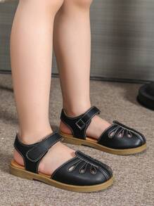 幼兒女童黑色涼鞋，帶魔鬼氈夏季平底封閉式涼鞋 - 黑色 - 查看 6