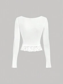 SHEIN MOD Áo thun nữ tay dài đan ren trắng, áo trắng, áo thu - trắng - Xem 2