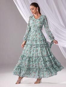 Women's Vacation Style Floral Print Twist Lantern Sleeve Layered Hem Dress, Spring/Autumn - Green - View 5