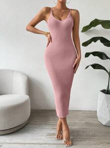 SHEIN Clasi 夏季纯色长款紧身吊带毛衣连衣裙 - 藕粉色 - 查看 5
