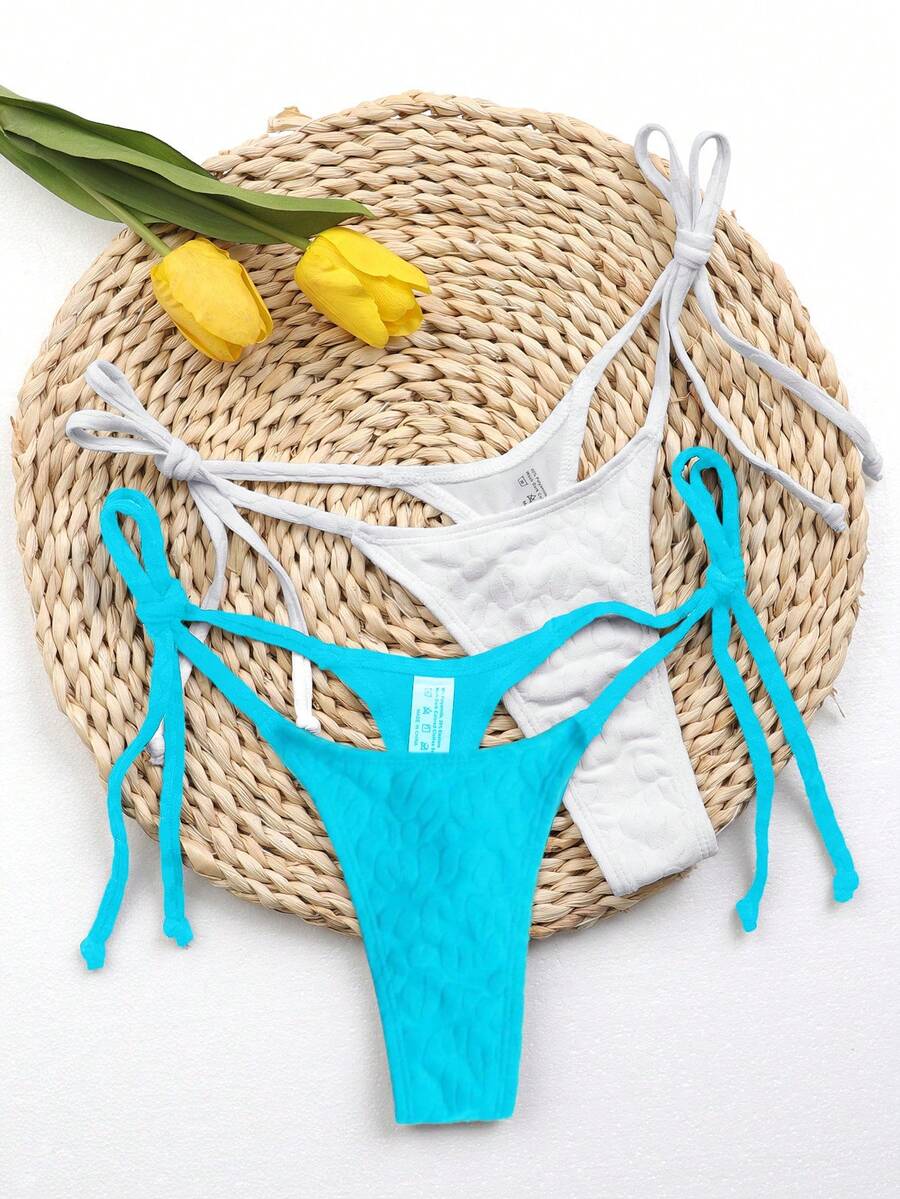 SHEIN Swim 綁帶側面純色夏季比基尼底褲 - 藍白色 - 查看 1