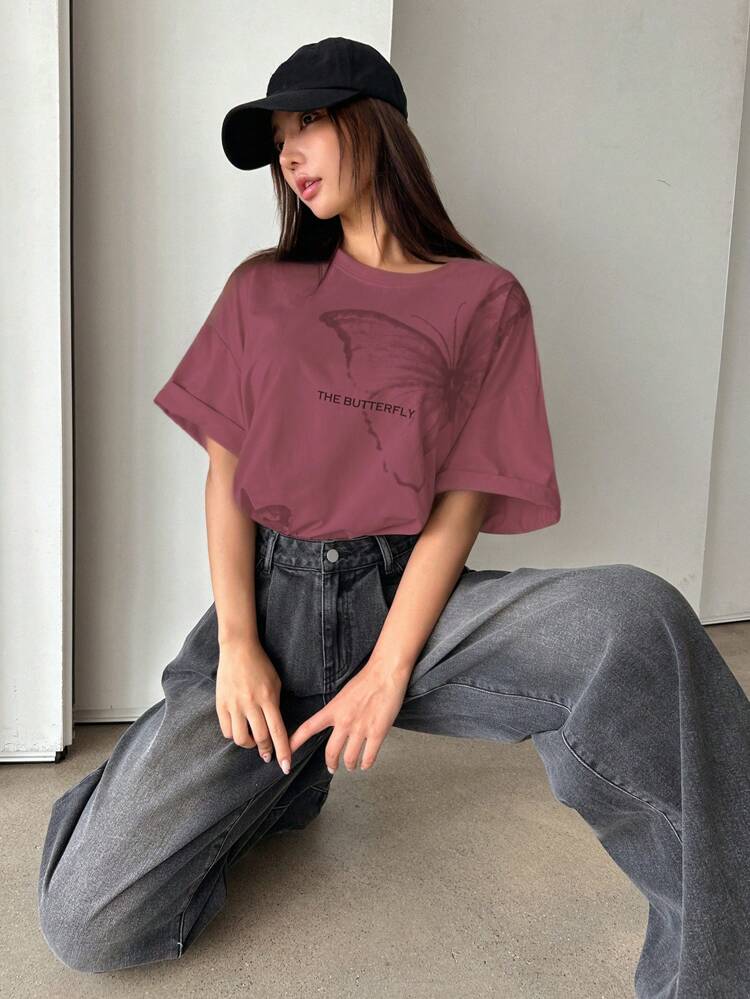 Butterfly & Slogan Graphic Drop Shoulder Tee THE BUTTERFLY Oversized T-Shirt