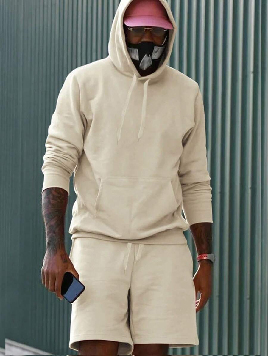 Manfinity Dauomo Set da uomo con felpa con cappuccio e pantaloncini a colori solidi per la primavera e l'autunno, casual con coulisse - Albicocca - Visualizzare 1