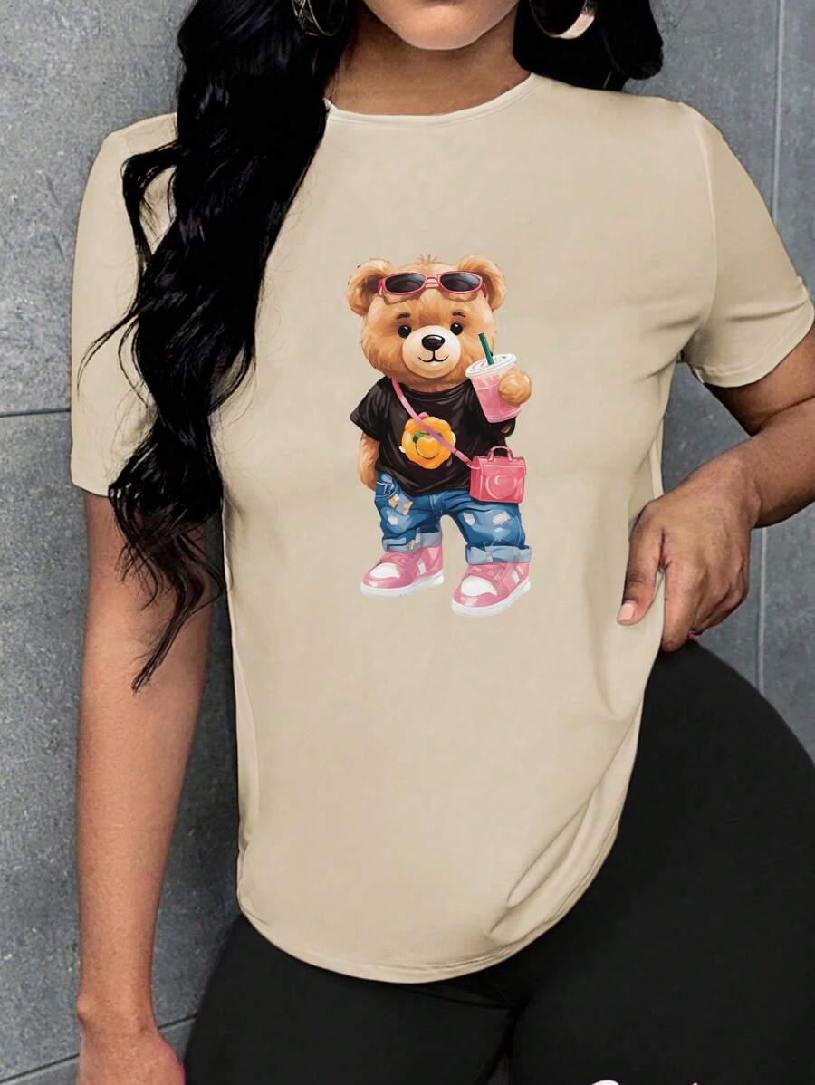 SHEIN Slayr Camiseta casual de manga corta con estampado de osito para verano - Albaricoque - Ver 1