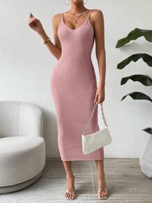SHEIN Clasi 夏季纯色长款紧身吊带毛衣连衣裙 - 藕粉色 - 查看 7