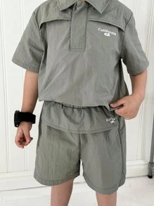 2入組男孩韓風休閒短袖 Polo 衫和短褲套裝，適用於戶外活動、旅遊、春、夏季，開學季節 - 灰色 - 查看 5