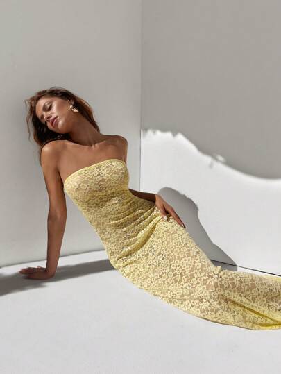 Aloruh Women's Summer Yellow Lace See-Through Vacation Cover-Up,Pastel Dresses For Women