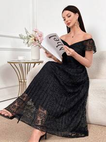 Modelyn Off Shoulder Twist Front Lace Dress Long Evening Dresses - Black - View 5