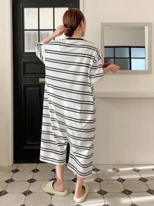 DAZY 女士夏季可愛動物卡通表情條紋連體睡衣 - 黑與白 - 查看 2