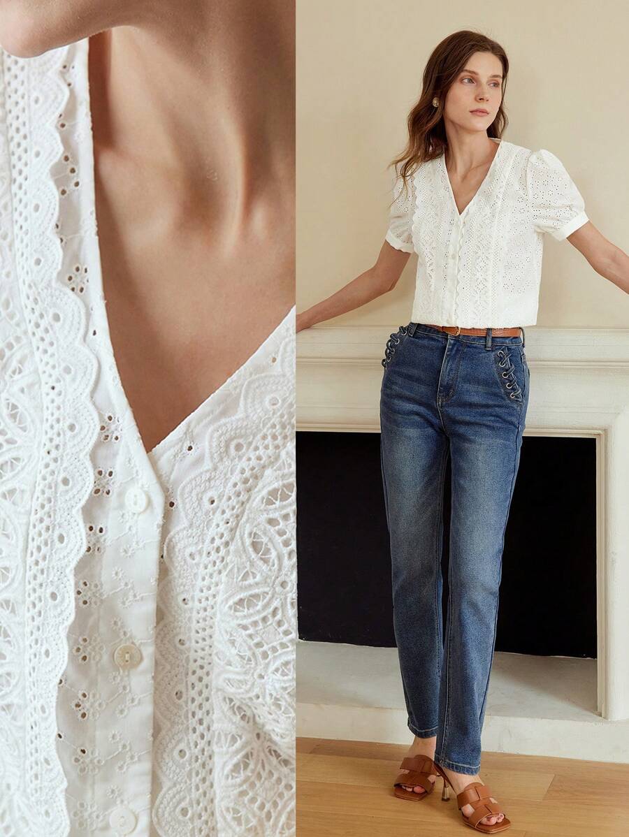 MOTF PREMIUM SOLID PUFF SLEEVE GUIPURE LACE DETAIL SCHIFFY BLOUSE