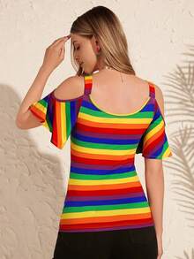 SHEIN Clasi Women's Summer Open Shoulder Slim Fit T-Shirt With Ruffle Sleeves And Rainbow Stripes - Multicolor - View 2