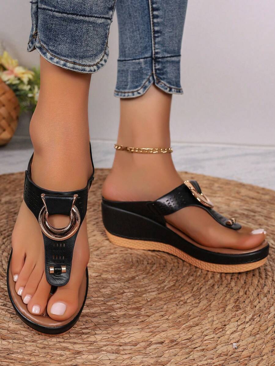 Sandalias de verano para mujer 2024, chanclas de tacón de cuña con suela gruesa de talla grande, zapatos de playa cómodos y antideslizantes con punta abierta - Negro - Ver 1