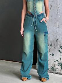 Denimoi Flap Pocket Side Belted Wide Leg Jeans - Dark Wash - View 4