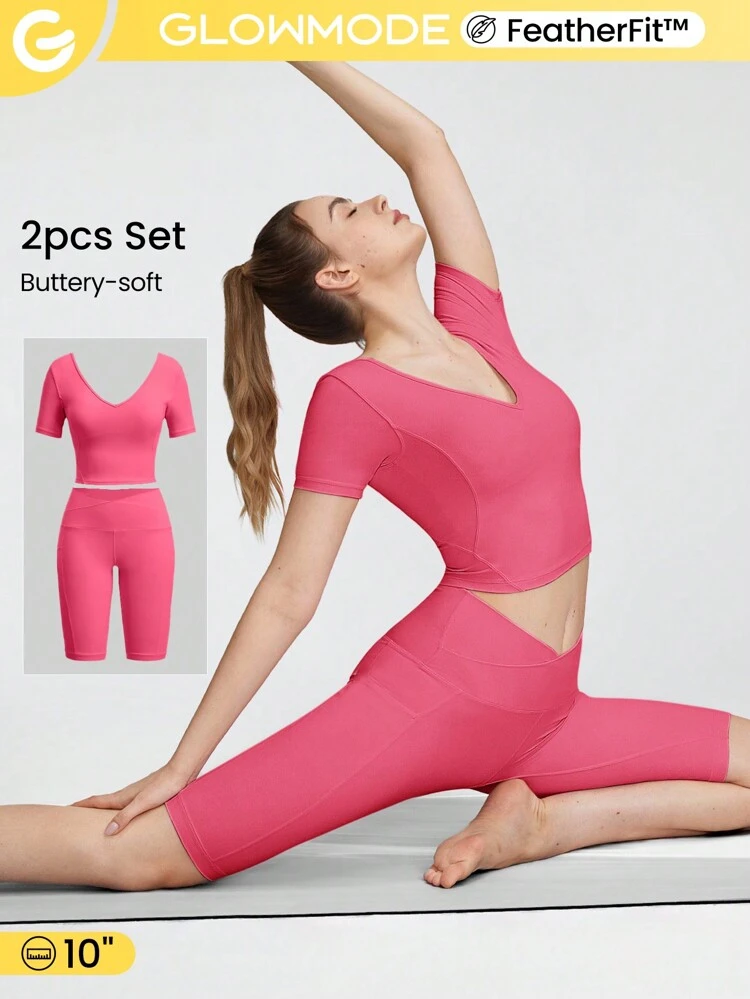 2 Pieces FeatherFit™ U-Back Cropped Active Tank & 4.3" Tummy Control Biker Shorts Set Low Impact Yoga Pilates Daily