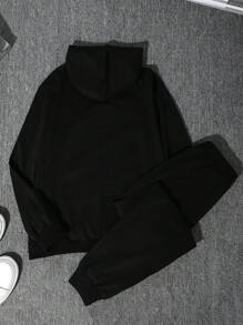 SHEIN 青少年男孩街头风格和英文字母印花连帽衫和裤子，休闲百搭，适合万圣节派对 - 黑色 - 查看 2