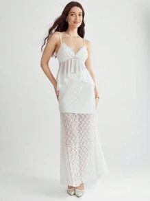 Enchnt Summer Holiday Romantic White Elegant Plain Color High Waist Lace Long Withe Skirt - White - View 1