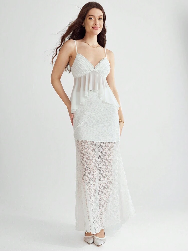 Summer Holiday Romantic White Elegant Plain Color High Waist Lace Long Withe Skirt