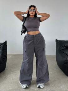 Flirla Plus Size Casualowe, jednokolorowe spodnie cargo z szerokimi nogawkami i wieloma kieszeniami
