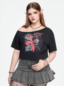 ROMWE J-Fashion Plus Skull & Letter Graphic Asymmetrical Neck Tee - Black - View 2