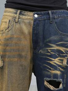 Manfinity Streetrush Pantalones vaqueros rectos rasgados para hombre sin cinturón, pantalones vaqueros anchos azul oscuro de pierna larga desgastados y holgados, para regalos de esposo o novio